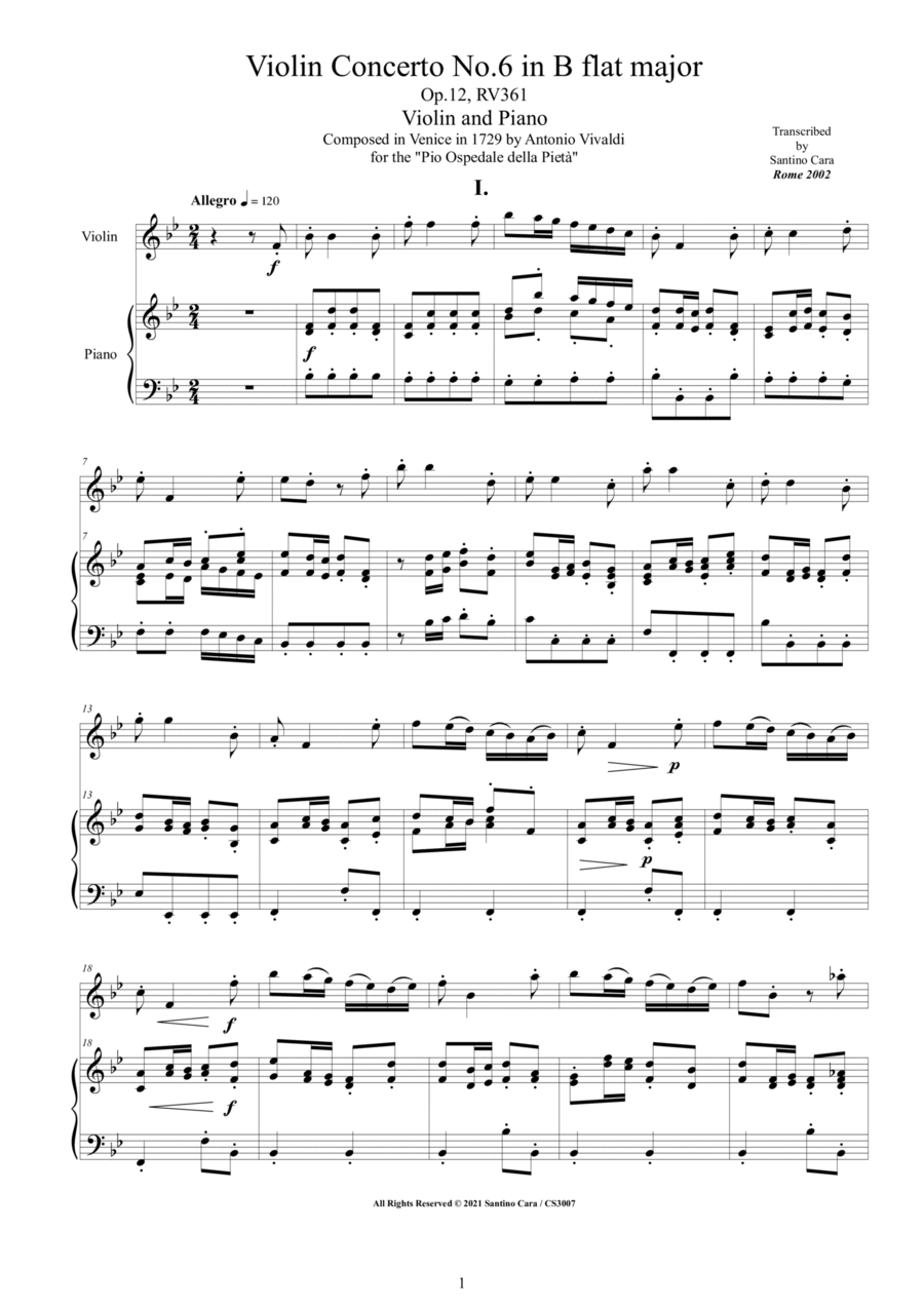 Vivaldi - Violin Concerto No.6 in B flat major Op.12 RV 361 for Violin and Piano Violin Solo scores gallery preview page 1