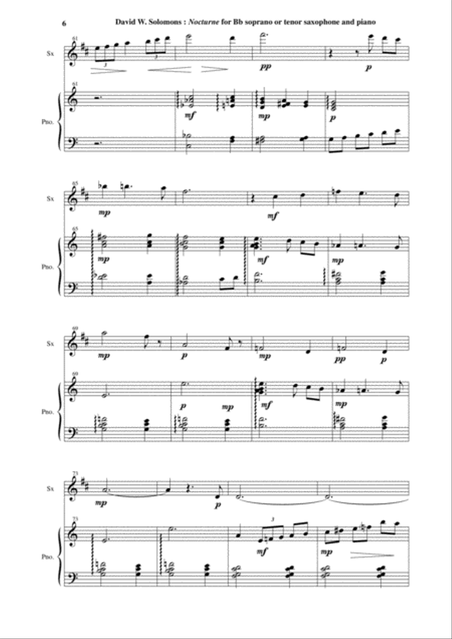 David Warin Solomons: Nocturne for Bb soprano or tenor saxophone and piano Woodwind Duet scores gallery preview page 6