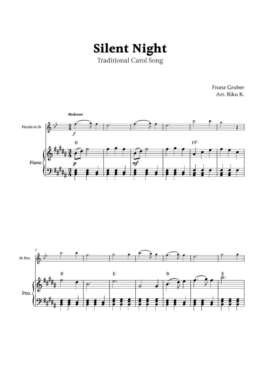 Silent Night for D♭ Piccolo and Piano Chamber Music scores gallery preview page 1
