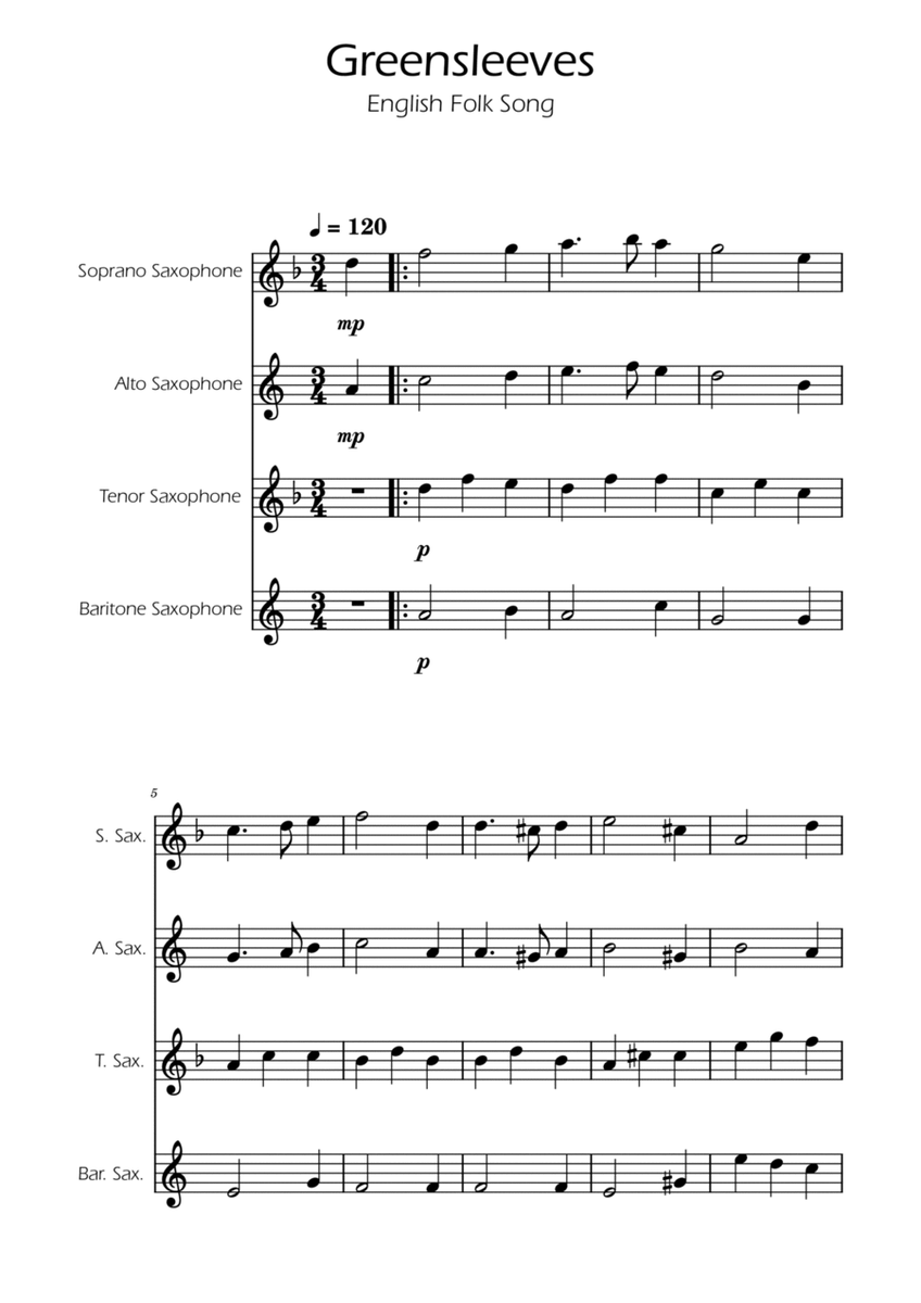 Greensleeves - Sax Quartet SATB image number null