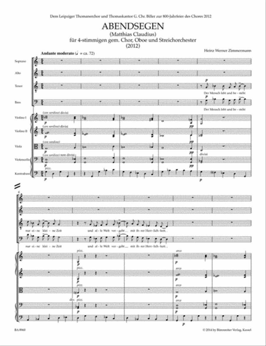 Abendsegen for Four-Part Mixed Choir, Oboe and String Orchestra (2012) 4-Part scores gallery preview page 2