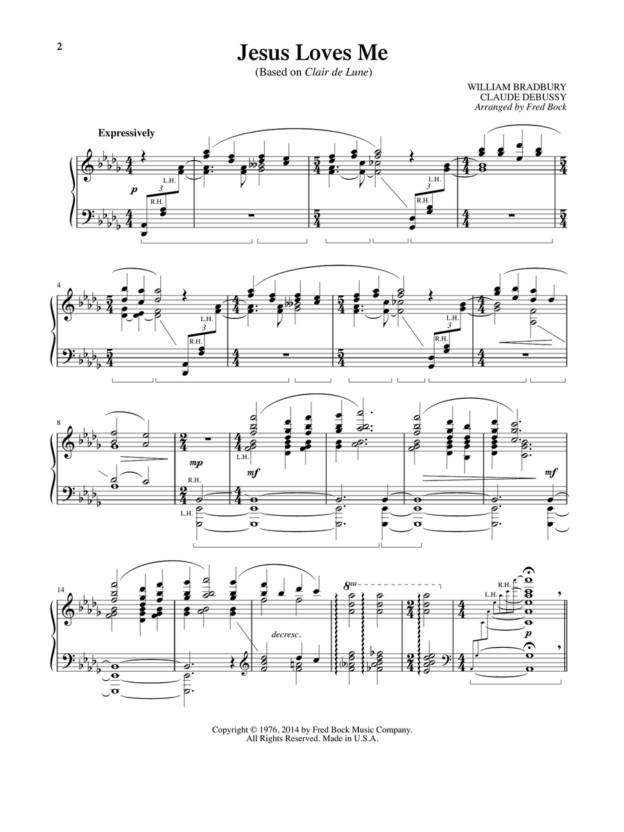 Jesus Loves Me (with Clair de Lune) (arr. Fred Bock) Piano Solo scores gallery preview page 1