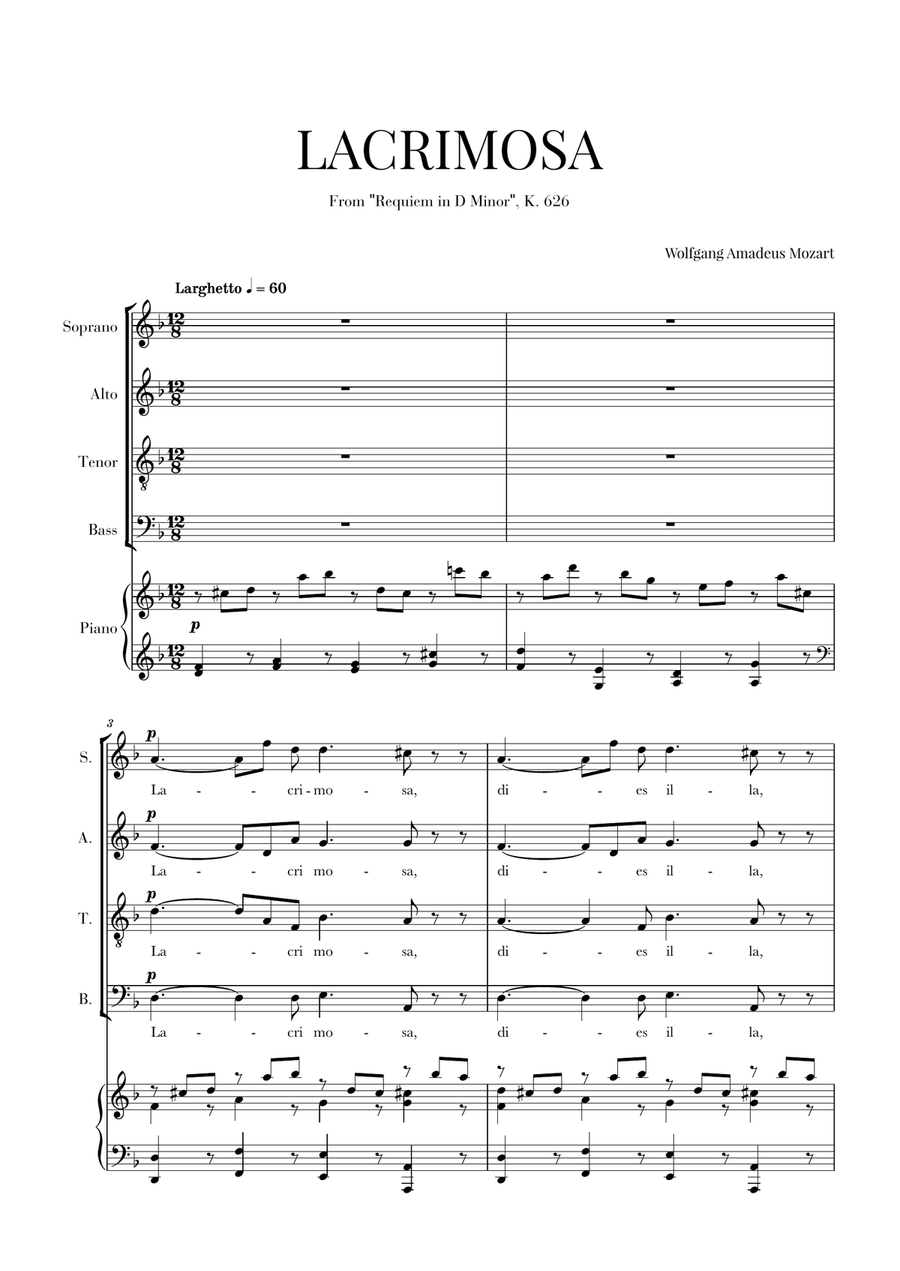 W. A. Mozart - Requiem - Lacrimosa (SATB and Piano Accompaniment) 4-Part scores gallery preview page 1