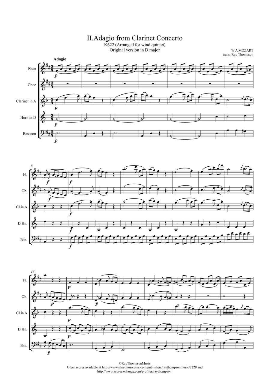 Mozart: Clarinet Concerto K622 Mvt.II Adagio (original key of D) - wind quintet (clarinet feature) Woodwind Quintet scores gallery preview page 1