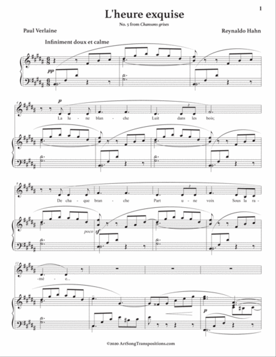 HAHN: L'heure exquise (transposed to B major) Voice scores gallery preview page 2