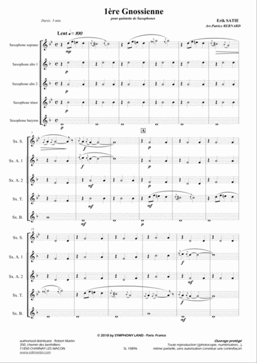 Gnossienne 1er 2eme et 3eme pour quintette de saxophones Saxophone scores gallery preview page 2
