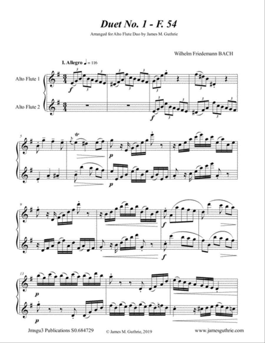 WF Bach: The Six Duets Complete for Alto Flute Duo Flute Duet scores gallery preview page 1