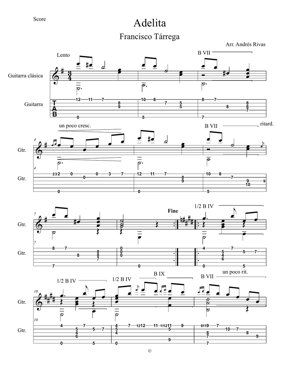 Adelita Francisco Tárrega Acoustic Guitar scores gallery preview page 1