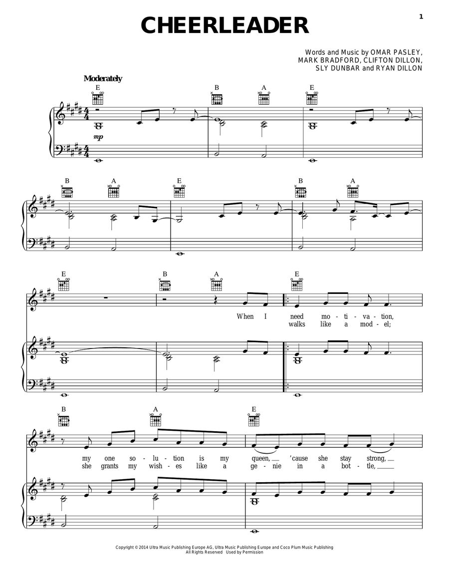 Cheerleader Piano, Vocal, Guitar scores gallery preview page 1