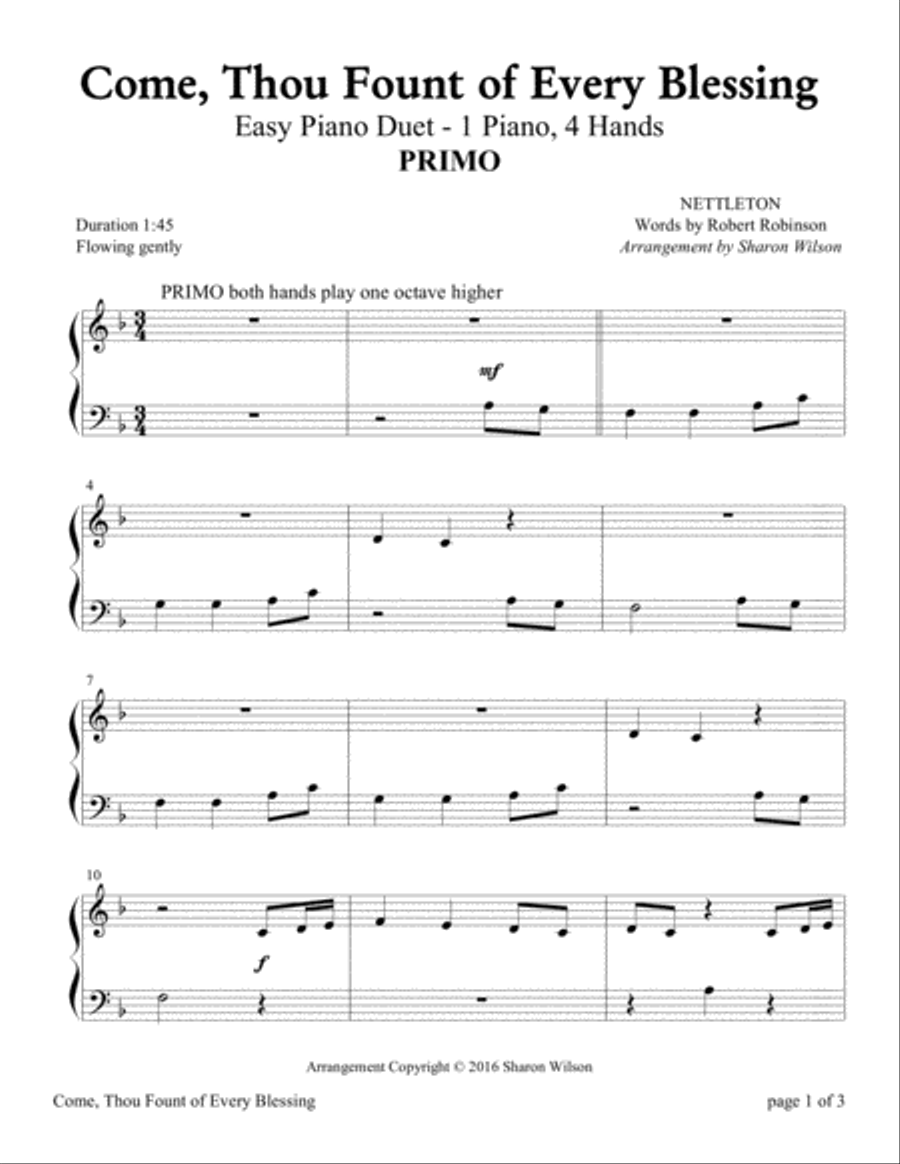 Come, Thou Fount of Every Blessing (Easy Piano Duet, 1 Piano, 4 Hands) Easy Piano scores gallery preview page 1