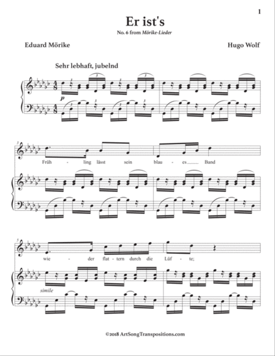 WOLF: Er ist's (transposed to G-flat major) Voice scores gallery preview page 2