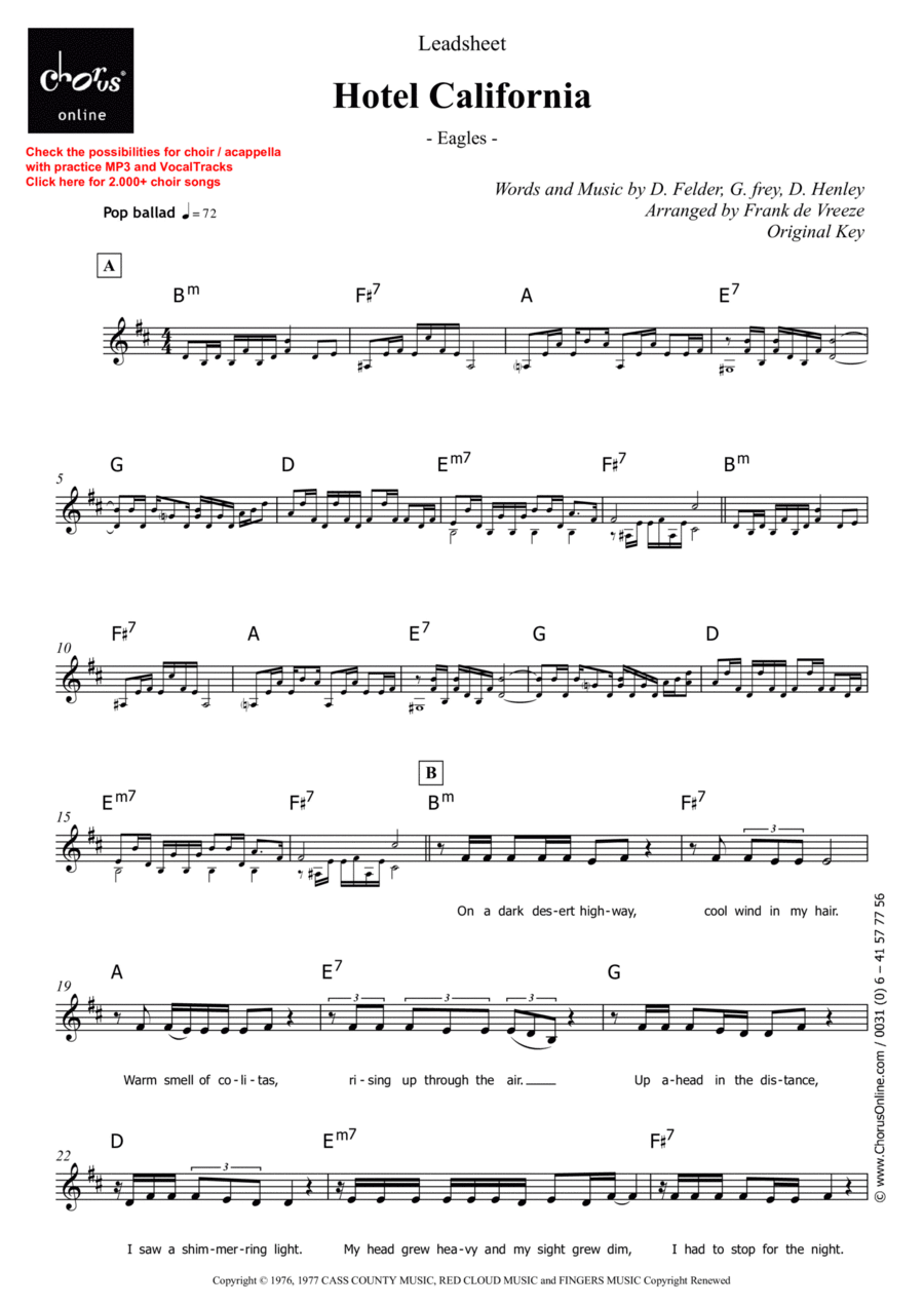 Hotel California Hotel California Unison Choir scores gallery preview page 1
