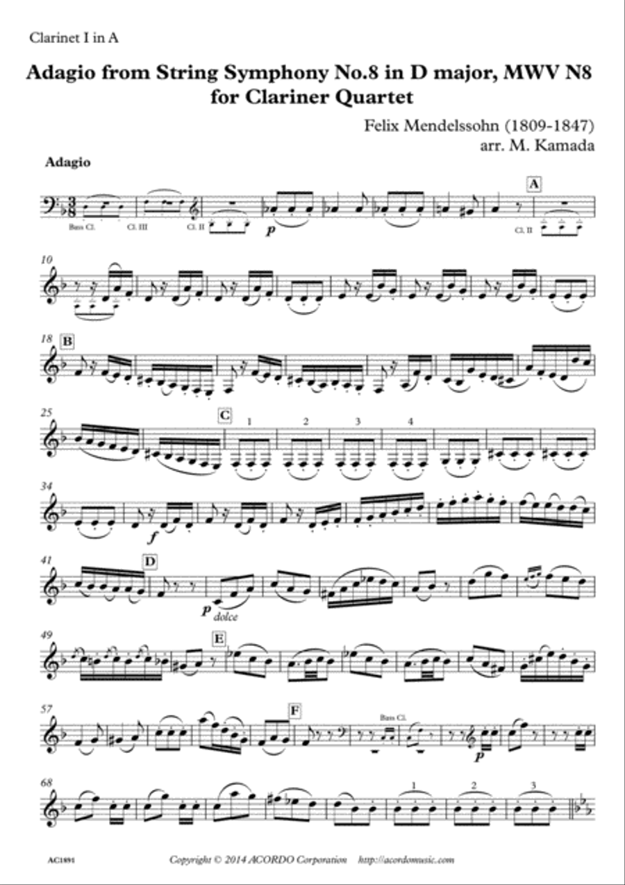 Adagio from String Symphony No.8 in D major, MWV N8 for Clarinet Quartet Clarinet Solo scores gallery preview page 5