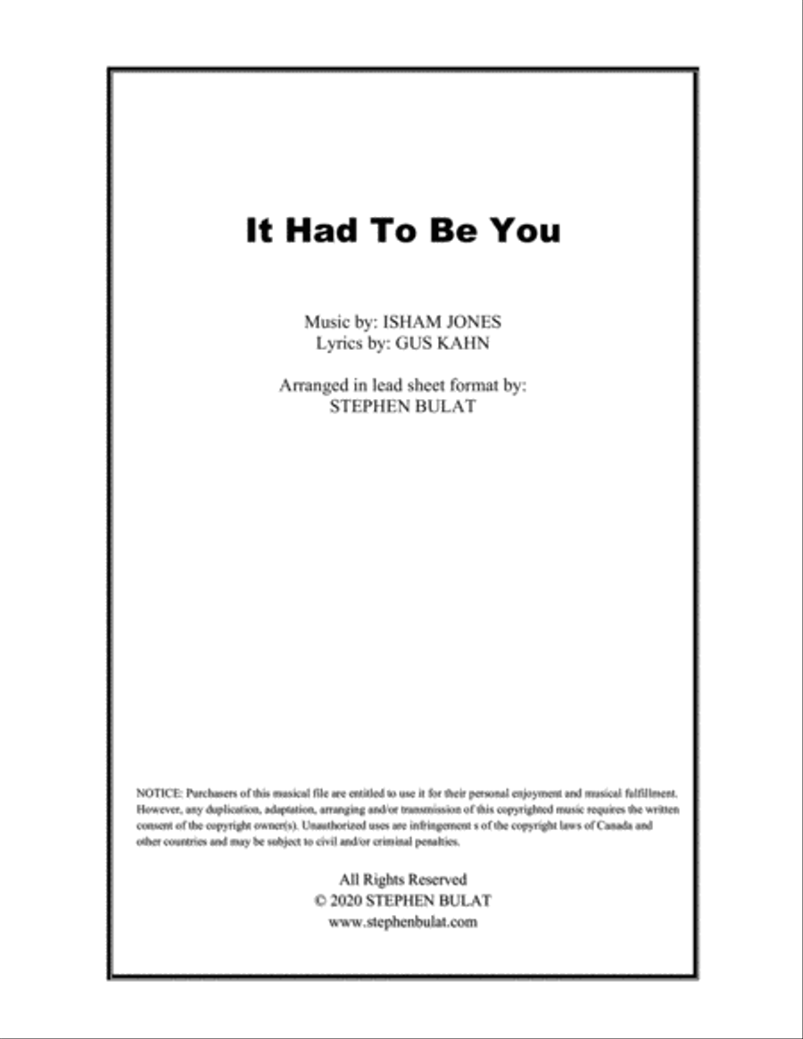 It Had To Be You (Harry Connick Jr., Frank Sinatra) - Lead sheet (key of E)