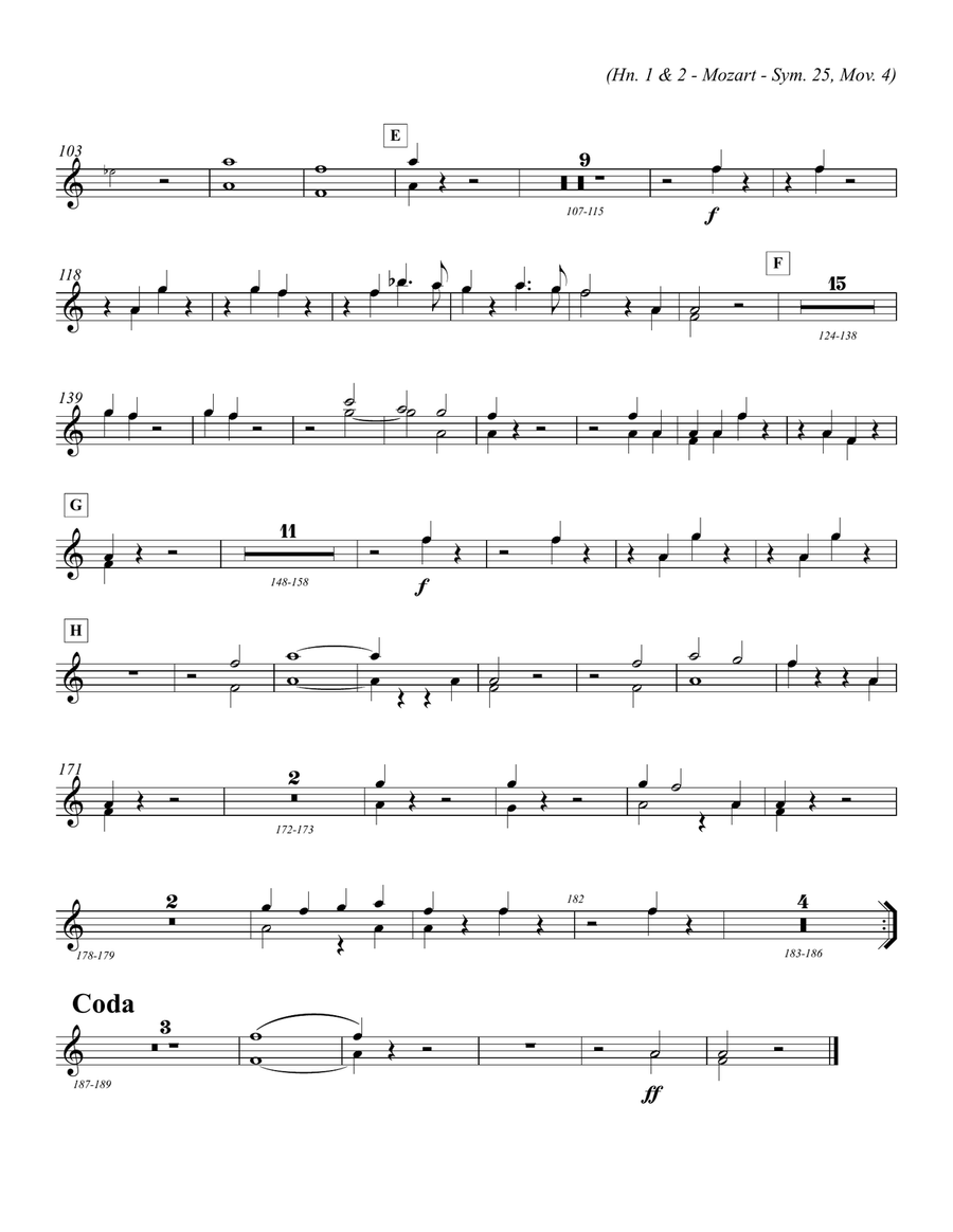 Mozart - Symphony No. 25 in G minor - transposed parts for Horn in F (Hn. 1, 2, 3, 4) Full Orchestra scores gallery preview page 5