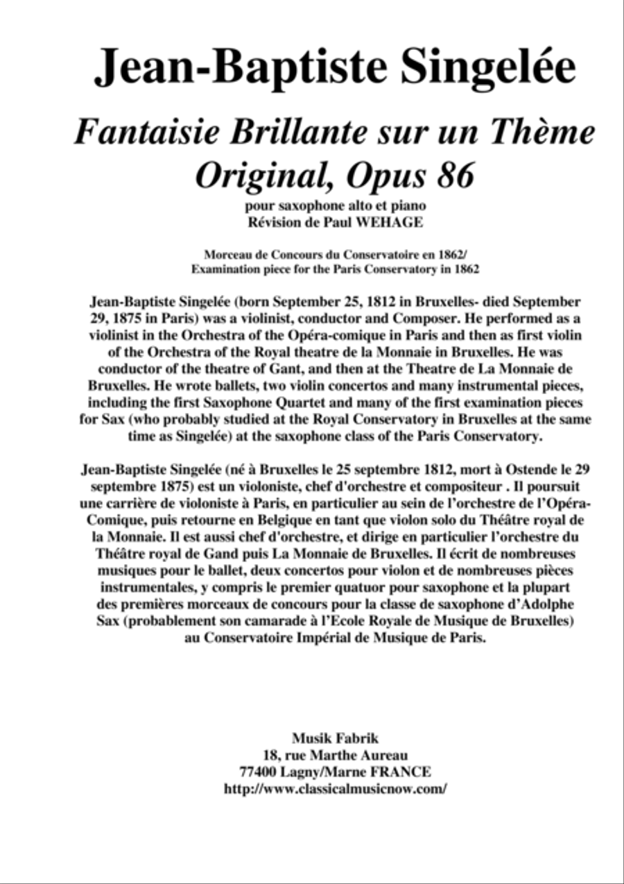 Jean-Baptiste Singelée: Fantaisie Brillante sur un Thème Original, Opus 86 pour saxophone alto et pi Piano scores gallery preview page 1