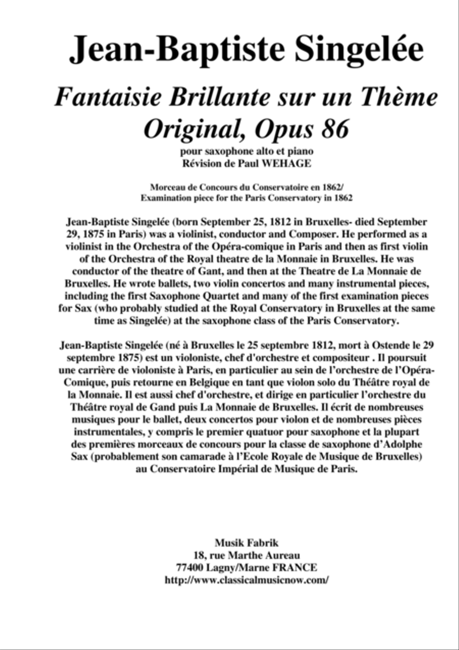 Jean-Baptiste Singelée: Fantaisie Brillante sur un Thème Original, Opus 86 pour saxophone alto et pi