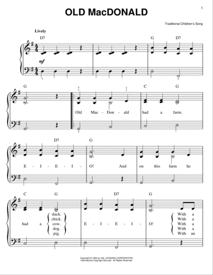 Old MacDonald Easy Piano scores gallery preview page 1