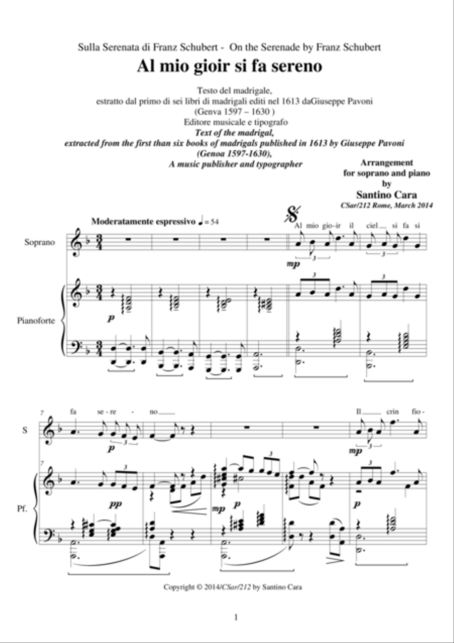 Schubert Serenade - Al mio gioir il ciel si fa sereno - Soprano and piano Soprano Voice scores gallery preview page 1