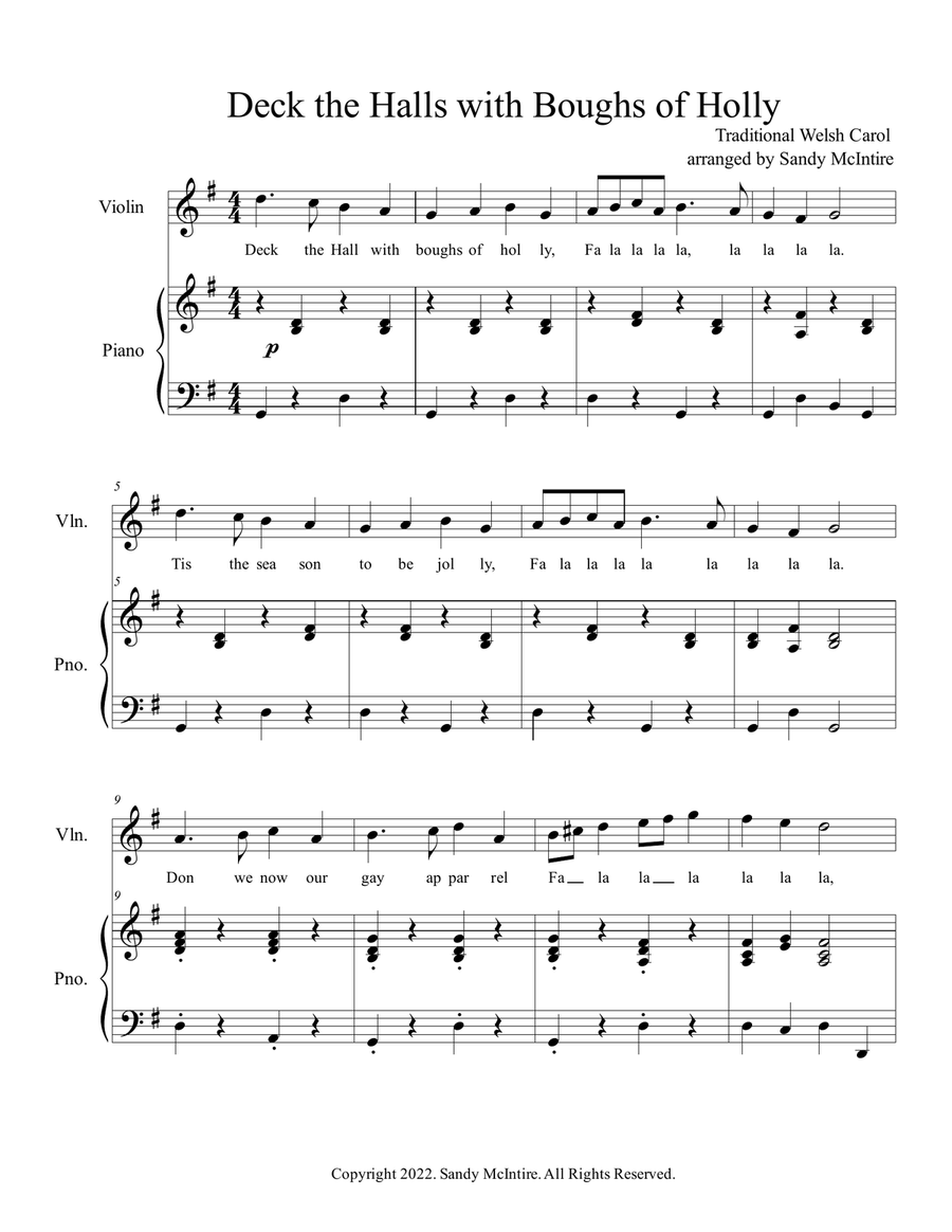 Deck the Halls Violin Solo scores gallery preview page 1
