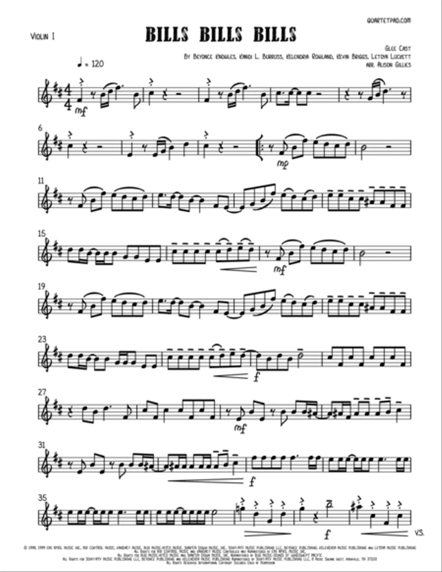 Bills, Bills, Bills Bills, Bills, Bills String Quartet scores gallery preview page 6