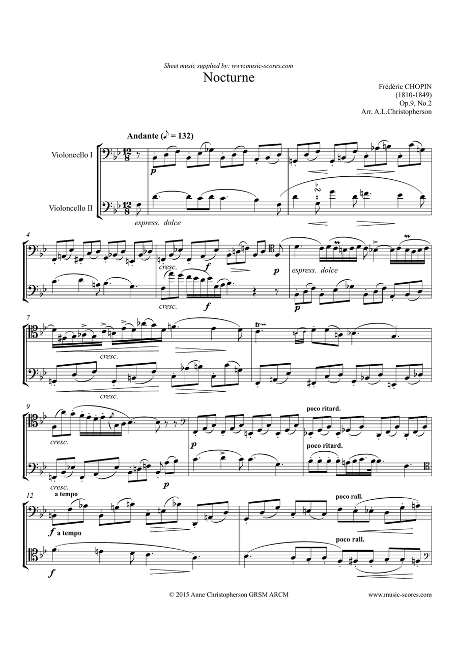 Chopin Nocturne: Op.09, No.2 - 2 Cellos String Orchestra scores gallery preview page 1