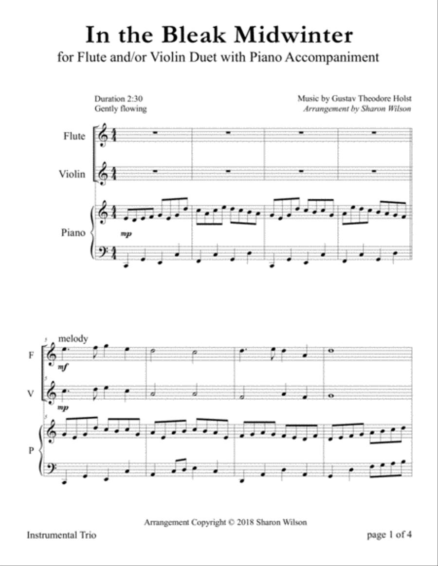In the Bleak Midwinter (for Flute and/or Violin Duet with Piano accompaniment) Flute scores gallery preview page 4