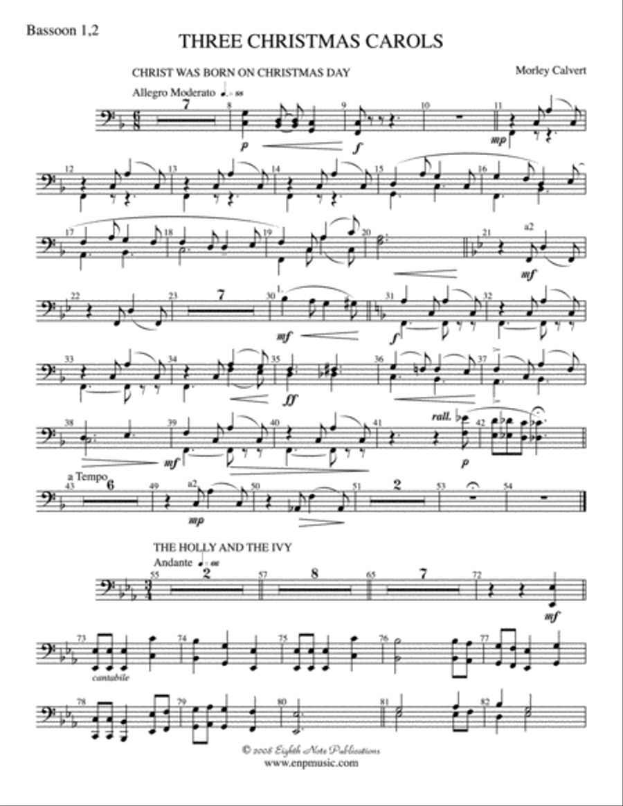 Three Christmas Carols: 1st & 2nd Bassoon Concert Band scores gallery preview page 1