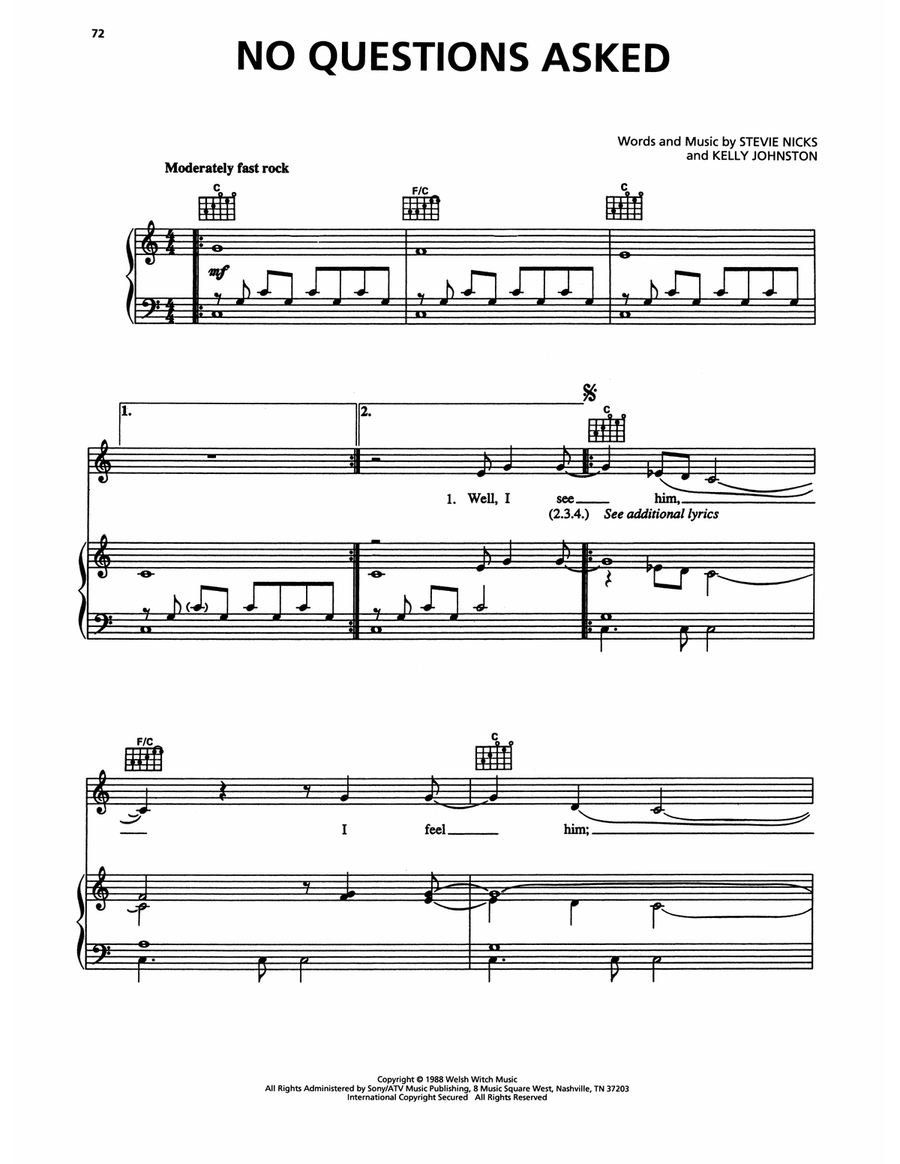 No Questions Asked Piano, Vocal, Guitar scores gallery preview page 1