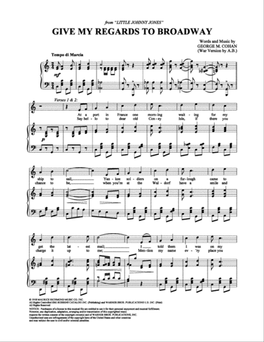 Give My Regards to Broadway Piano, Vocal, Guitar scores gallery preview page 1