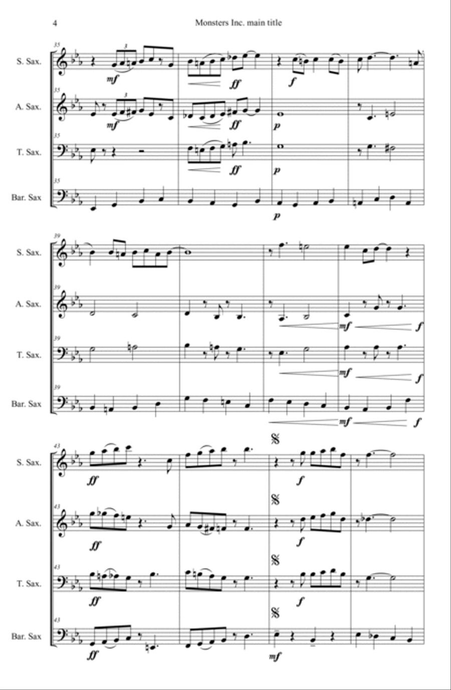 Monsters Inc. Saxophone Quartet scores gallery preview page 4