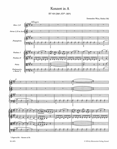 Concerto for Piano and Orchestra, No. 12 A major, KV 414