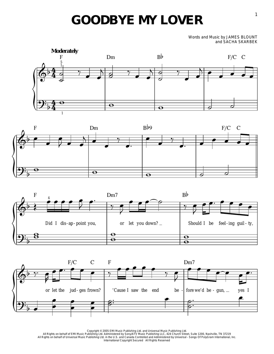 Goodbye My Lover Easy Piano scores gallery preview page 1