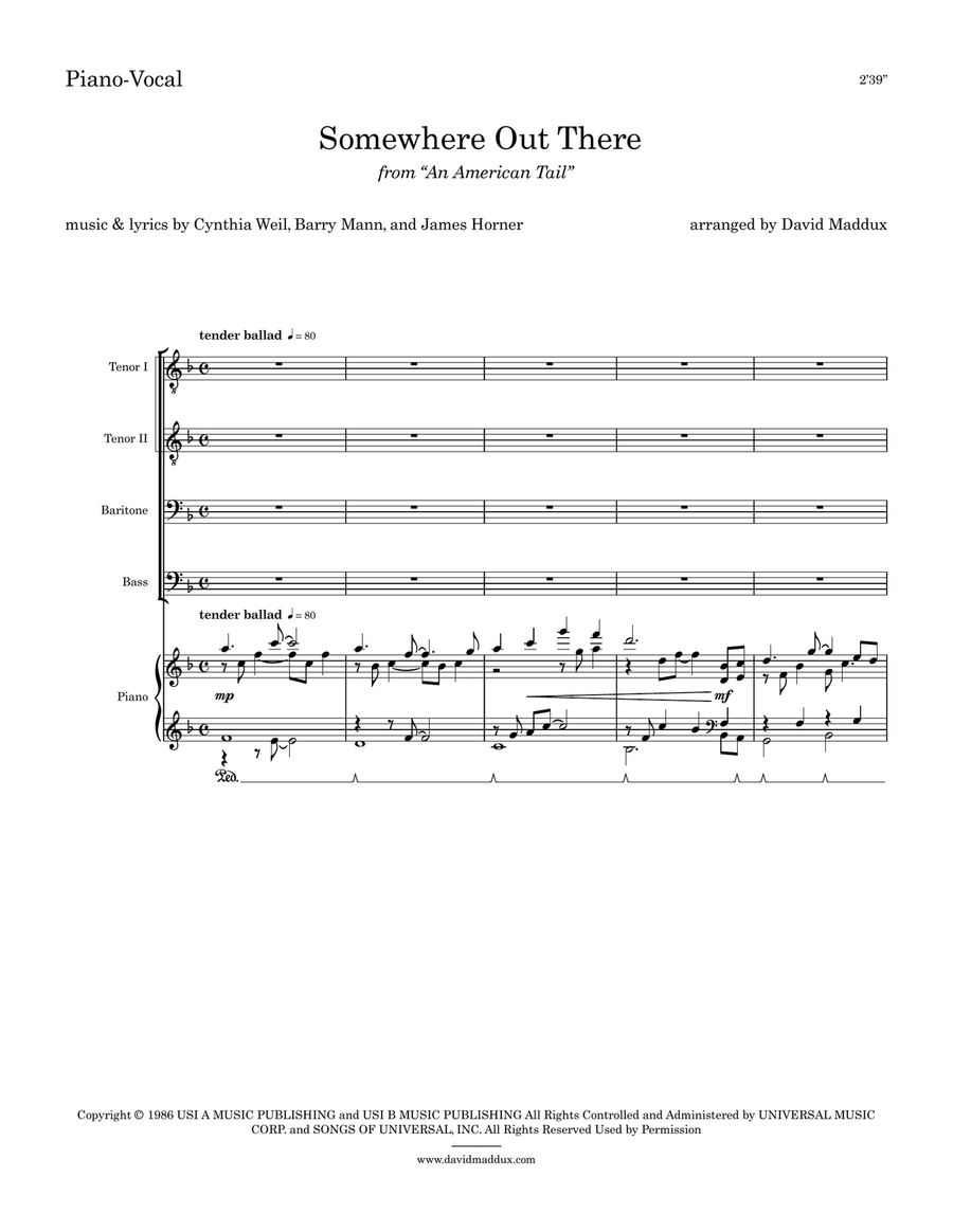 Somewhere Out There by Barry Mann TTBB - Digital Sheet Music