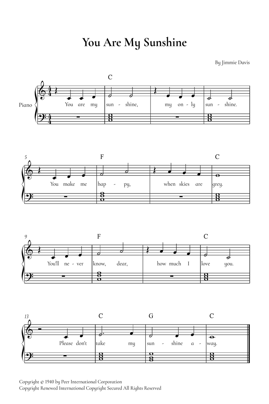 You Are My Sunshine Easy Piano scores gallery preview page 1