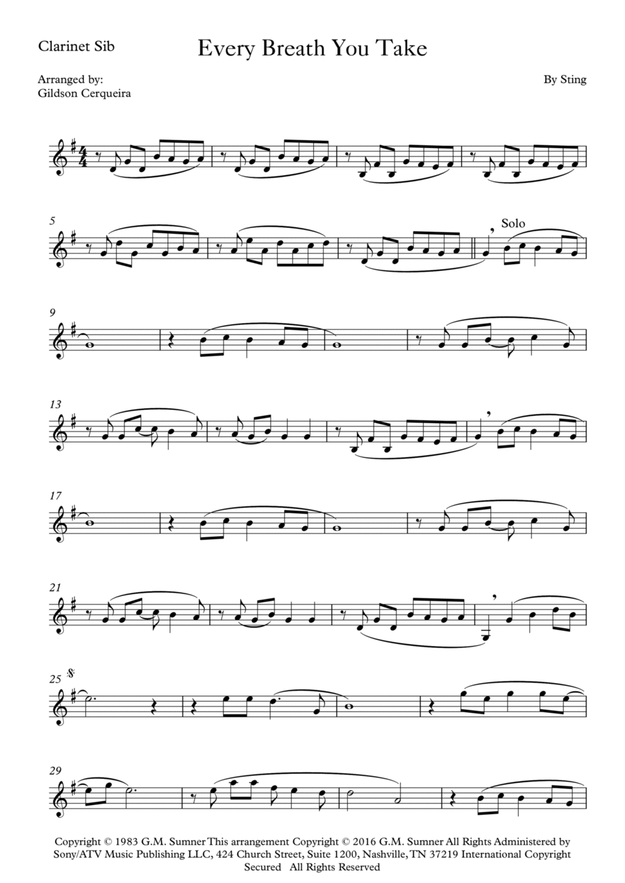 Every Breath You Take B-Flat Clarinet scores gallery preview page 1