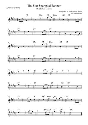The Star Spangled Banner (USA National Anthem) for Alto Saxophone Solo with Chords (A Major)