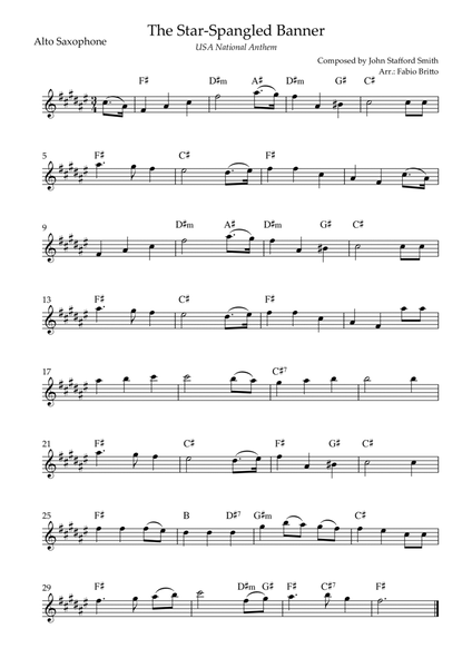 The Star Spangled Banner (USA National Anthem) for Alto Saxophone Solo with Chords (A Major)