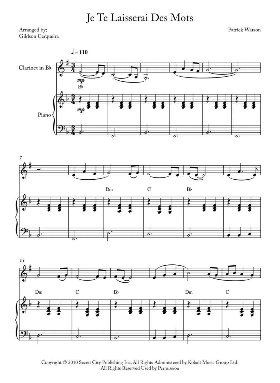 Je Te Laisserai Des Mots B-Flat Clarinet scores gallery preview page 1