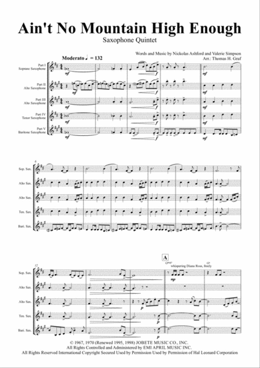 Ain't No Mountain High Enough Saxophone Quintet scores gallery preview page 1