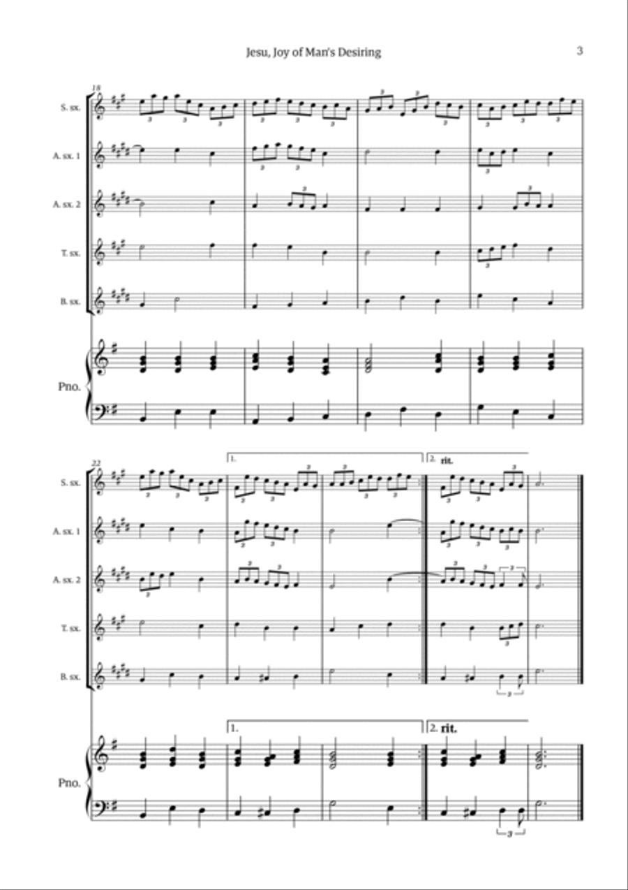 Jesu, Joy of Man's Desiring Jesu, Joy of Man's Desiring Saxophone Quintet scores gallery preview page 3