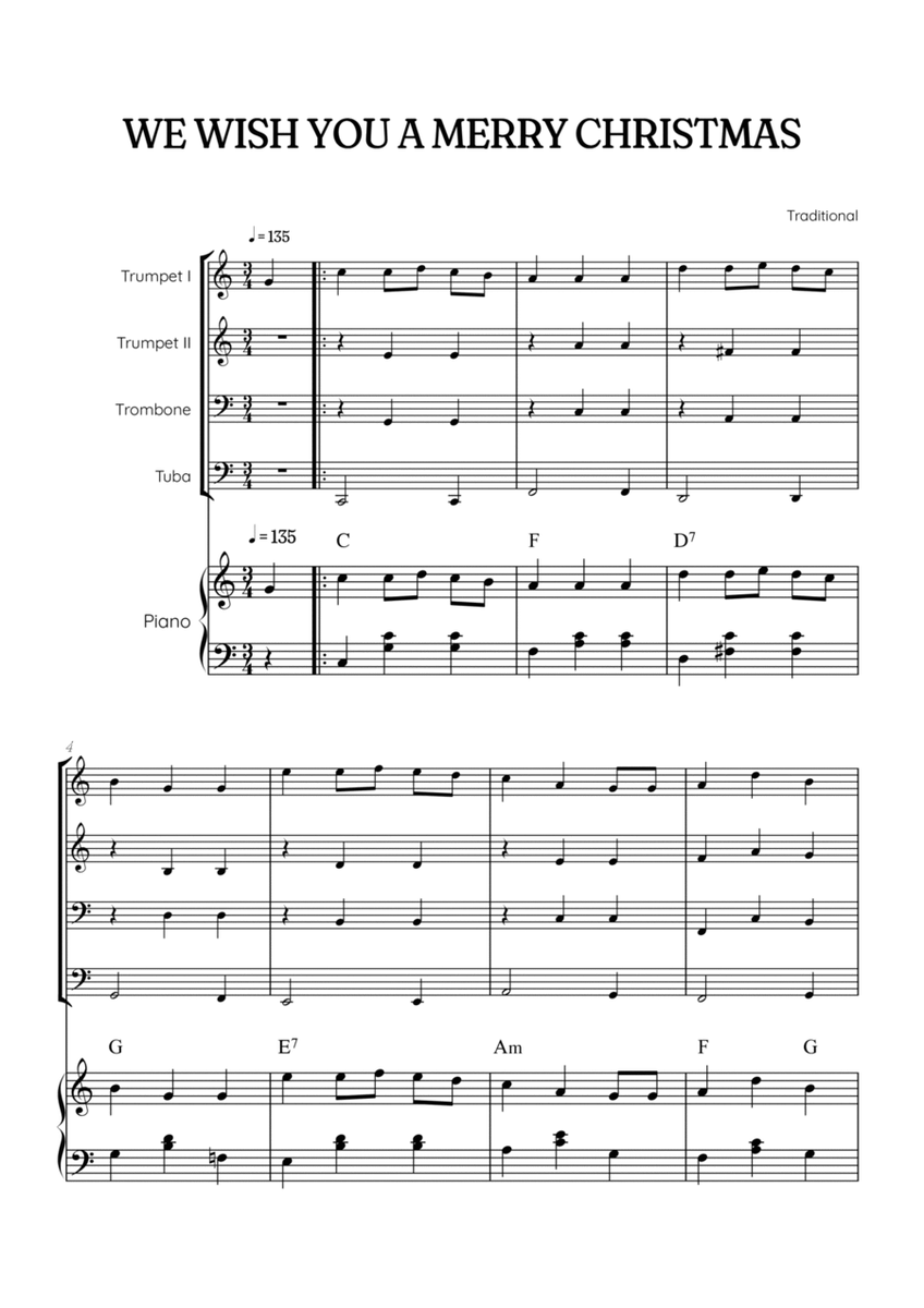 We Wish You a Merry Christmas for Brass Quartet & Piano • easy Christmas sheet music w/ chords image number null