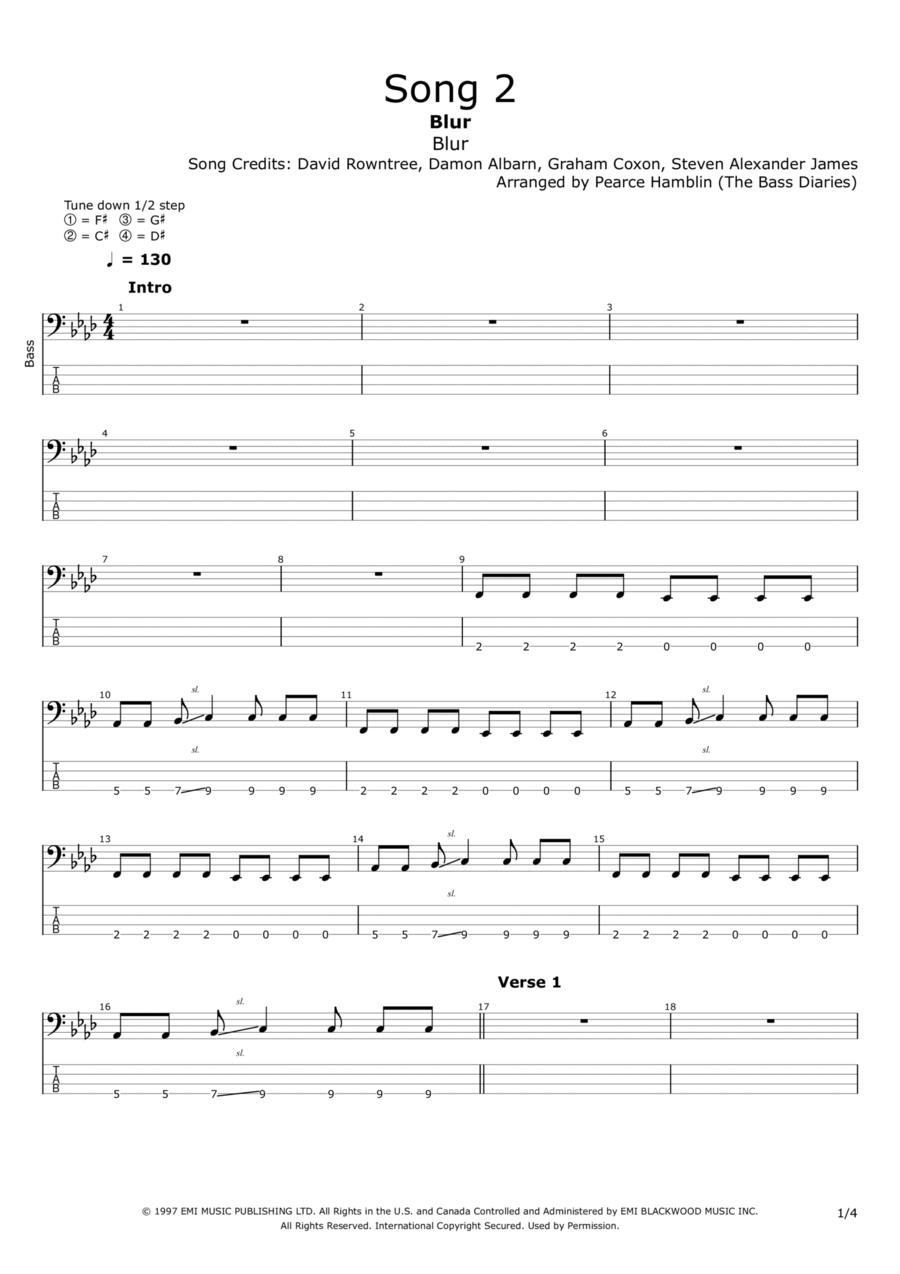 Song 2 Bass Guitar scores gallery preview page 1
