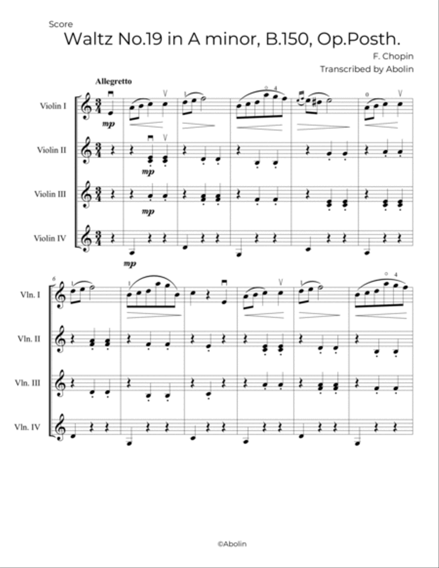 Chopin: Waltz No.19, B.150 - arr. for Violin Quartet Chamber Music scores gallery preview page 2