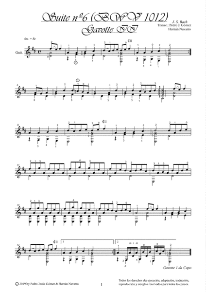 J.S. Bach Gavotte II BWV 1012-6th. suite cello guitar arr.: P.J. Gómez & H. Navarro edition