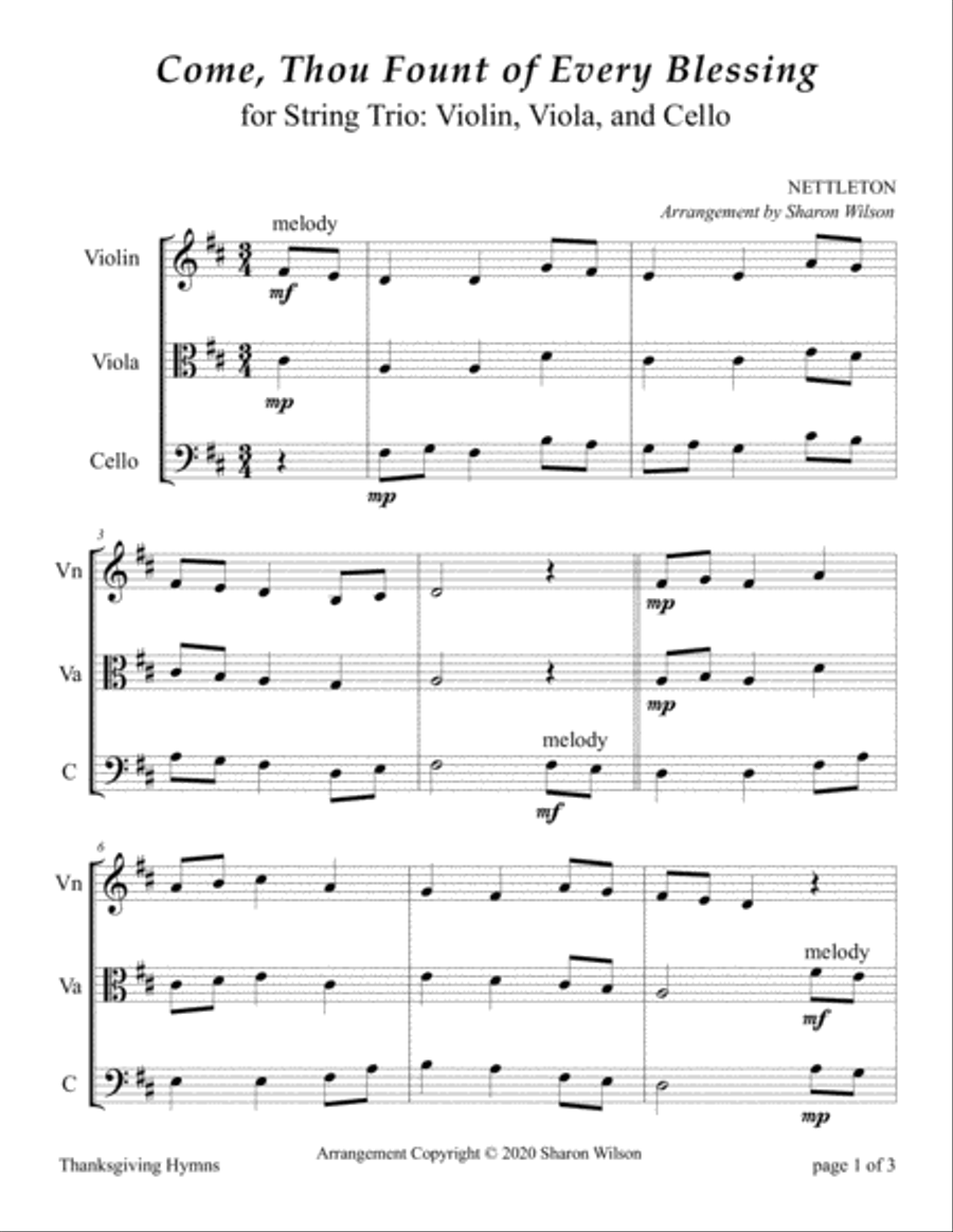 Come, Thou Fount of Every Blessing (for String Trio – Violin, Viola, and Cello) String Trio scores gallery preview page 3