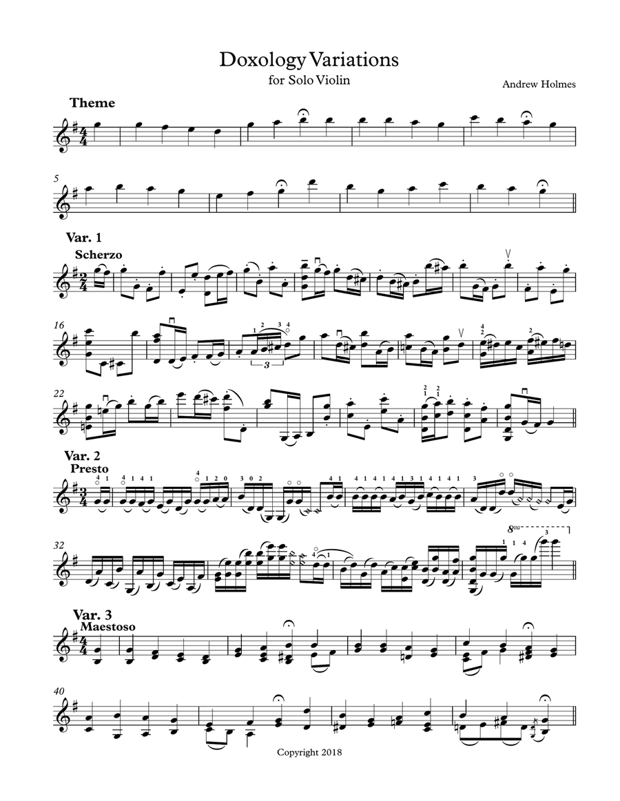 Doxology Variations, for Solo Violin Violin Solo scores gallery preview page 1