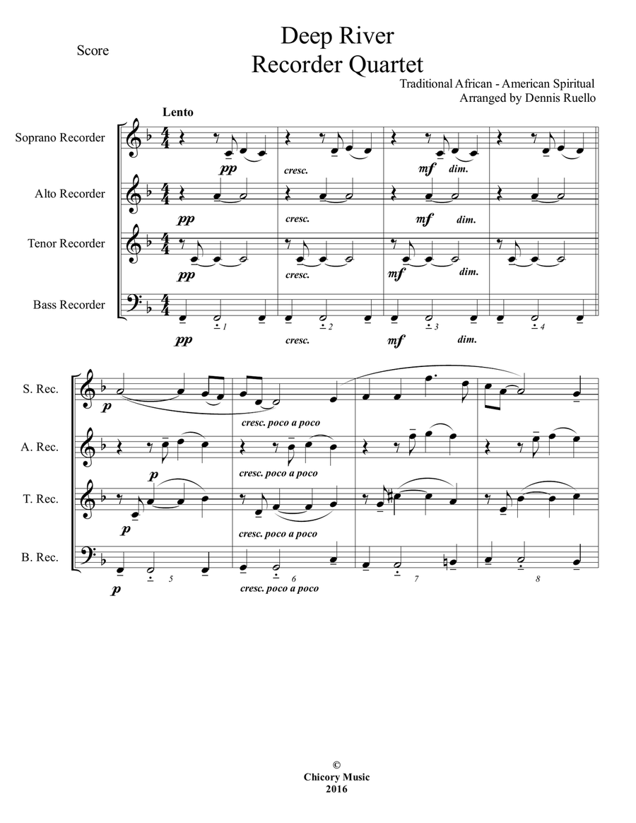 Deep River - Recorder Quartet (SATB) - Intermediate 4-Part scores gallery preview page 1