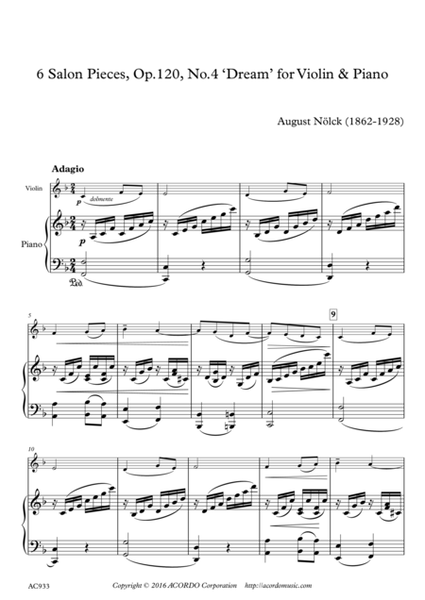 6 Salon Pieces, Op.120, No.4 ‘Dream’ for Violin & Piano image number null