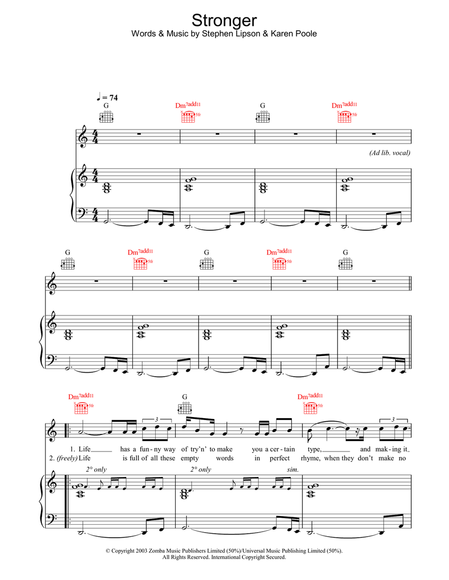 Stronger Piano, Vocal, Guitar scores gallery preview page 1
